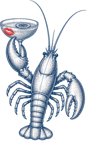 An engraved lobster raising a coupe with a lipstick kiss on the rim — Kaylee's signature pornstar martini